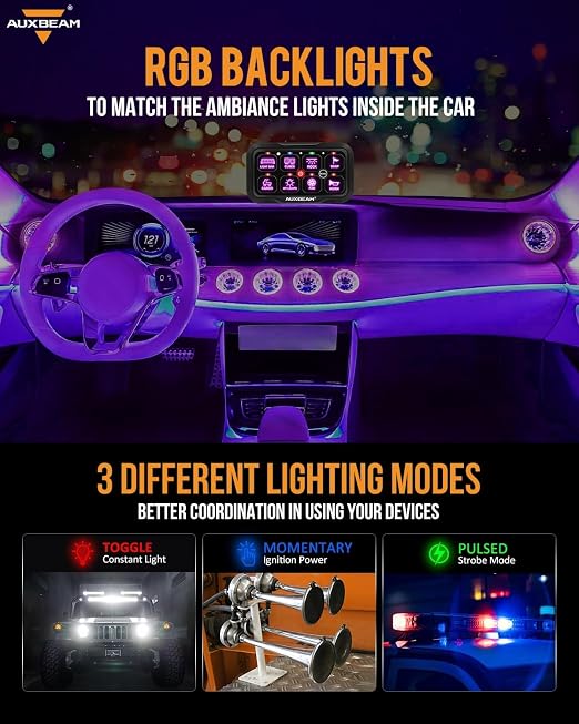 Auxbeam 8 Gang Switch Panel RC-800 RGB Wireless Remote Control Range Up to 165FT Multifunction Switch Pod 3 lighting modes with Backlit Off and Auto Dimmable for RV Offroad Waterproof 3 Years Warranty