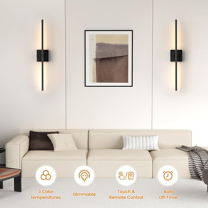 VOLISUN Battery Operated Wall Sconces Set of Two, Rechargeable Wall Sconces with Remote, 3000K-6500K Dimmable Battery Wall Sconce Decor, 27.6'' Wireless Wall Lights for Bedroom, Living Room(Black)