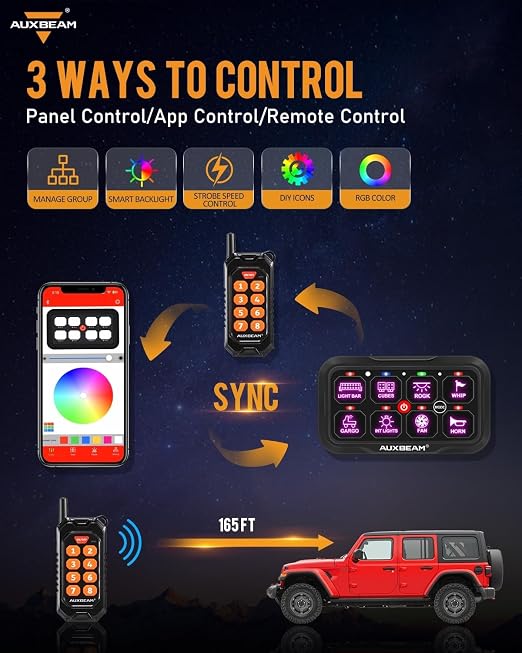 Auxbeam 8 Gang Switch Panel Bluetooth RGB AC-800 with APP&Remote Control Toggle Momentary Pulsed Switch Pod Off Backlight for Truck Offroad UTV ATV Car Marine 12-24V Waterproof 3 Years Warranty