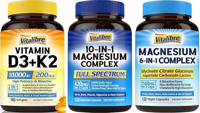 Complément Vitamine D3 K2, 10000 UI D3 / 200 mcg K2 MK7 avec Complexe de Magnésium 6 en 1 et Complexe de Magnésium 10 en 1 (3 Paquets)