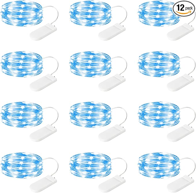 12-Pack LED Fairy Lights 7 Feet Battery Powered Waterproof Silver Wire 20 Slim Copper Wire Pastel Lights for DIY Wedding Party Bedroom Patio Easter Christmas (Blue)