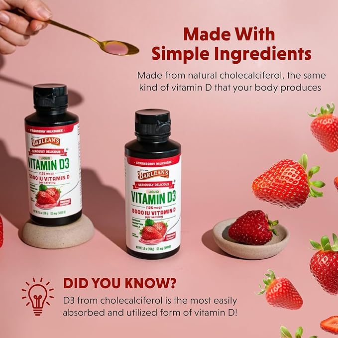 Lot de 2 suppléments liquides de vitamine D3 Barlean's pour enfants et adultes, 5000 UI de vitamine D, saveur lait frappé à la fraise, sans OGM, sans gluten et sans produits laitiers, 158,7 g chacun