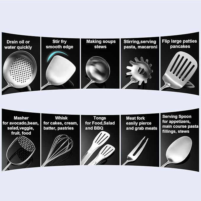 Stainless Steel Kitchen Utensils 13 PCS All Metal Set for Cooking | Food-grade 304-Healthy;Dishwasher safe;One-piece-Sturdy;Plenty of tools for all needs;Great gifts for cooking enthusiast,chef