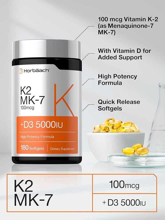 Horbäach ビタミンD3 K2 5000 IU | 100mcg MK-7 コンプレックス | 180ソフトジェルカプセル | 非遺伝子組み換え＆グルテンフリーサプリメント