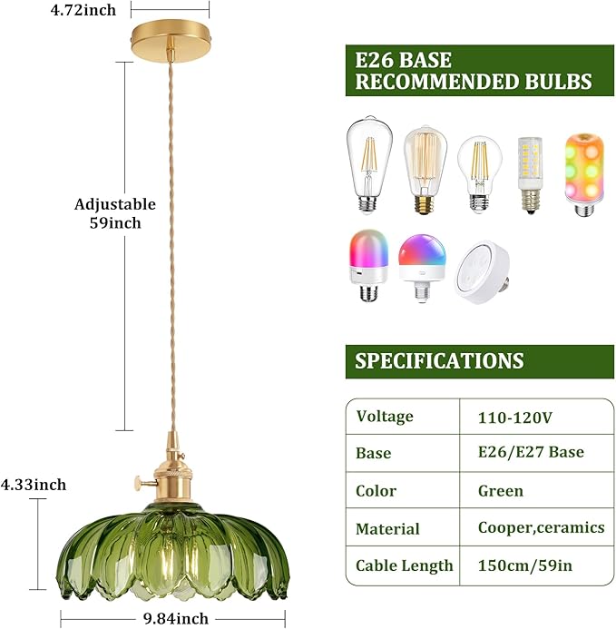 Shenmoyl Pendant Light with Green Scindapsus Glass Lmapshade, Brass Vintage Pendant Light Adjustable Hanging Light for Kitchen Island Dining Room Hallway