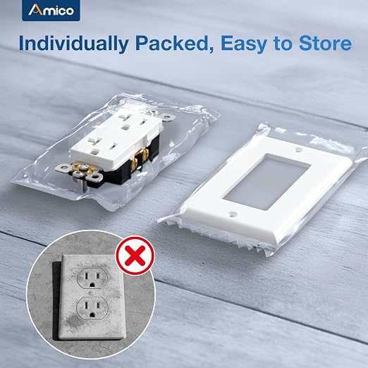 Amico Wall Outlet, UL Listed, Tamper Resistant Standard Electrical Outlet, Decorator Receptacle, Suitable for Home and Business, 125V/1875W, White, 20 Amp - Screw Wall Plate, 50 Pack