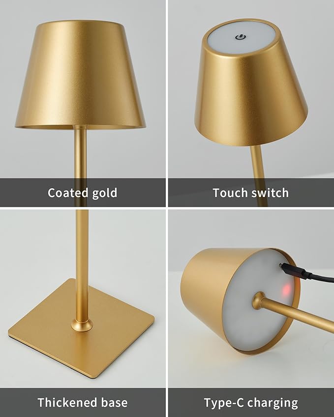 KDG 2 Pack Cordless Table Lamp, Portable LED Desk Lamps, 4000mAh Battery Operated, 3 Color Stepless Dimming Up, for Restaurant, Bedroom, Outdoor Camping, Coffee Shop, Night Light, Rechargeable (Gold)