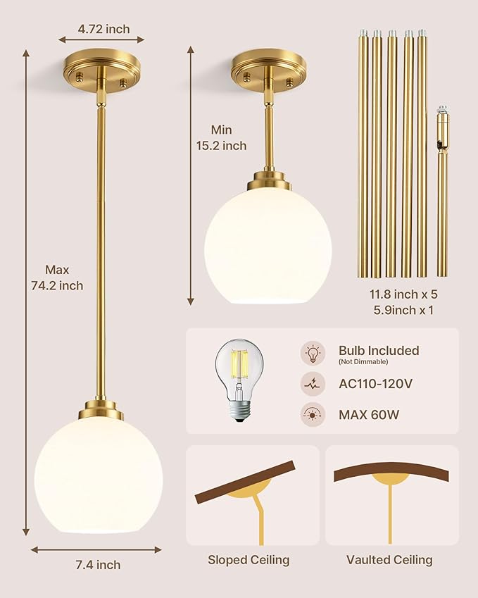 Majade Globe Pendant Lights Mid Century Modern Kitchen Island Pendant Light Fixtures 7.4 Inch Gold Brass Pendant Lighting with Milk Glass Adjustable Hanging Light Fixtures for Dining Room(2 Pack)