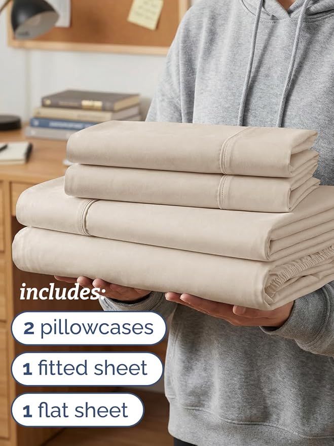 Twin XL 4 Piece Sheet Set - Comfy Breathable & Cooling - Ultra Soft Hotel Luxury Bedding Set w/ 8-16 Inch Deep Pockets - 1 Flat & 1 Fitted Sheet & 2 Pillowcases - Wrinkle Free and Easy Care - Wheat