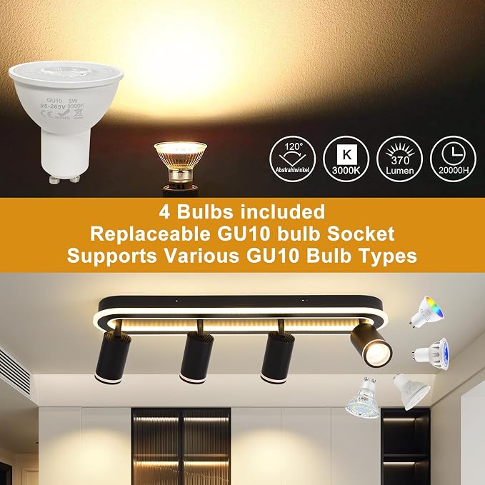 LED 4 Light Track Lighting Spotlight Kit, Black Ceiling Spotlights, Modern Track Light Fixture with Flexibly Rotatable Light Heads, 50W+20W Dual Lighting for Kitchen Living Room,Includes 4 x GU10 Bulb