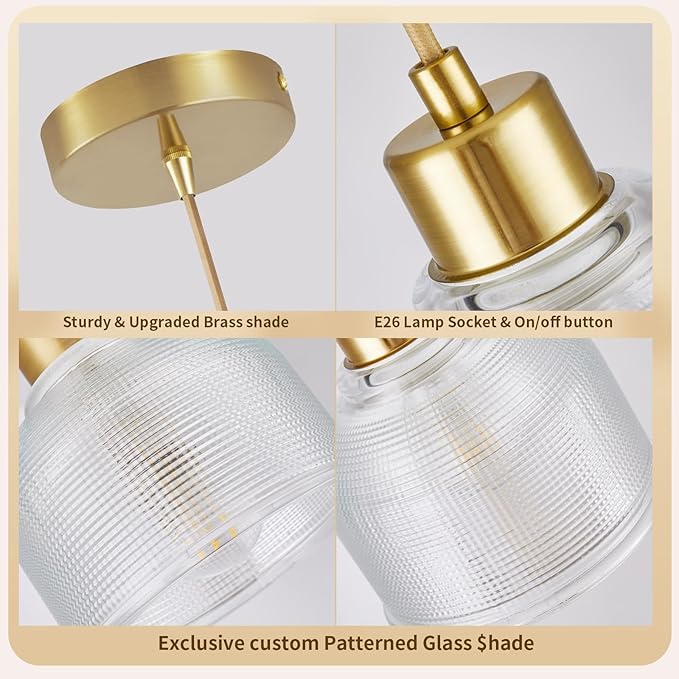 WimiSom 2Pack Industrial Pendant Lighting, Modern Clear Glass Shade Farmhouse Adjustable Hanging Light Fixtures for Kitchen Island Living Room Bedroom Hallway Gold and Clear