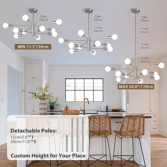 KAISITE Modern Chandelier Light Fixture Brushed Nickel Sputnik Chandelier 10-Light Farmhouse Chandelier for Dining Room Over Table Height Adjustable Kitchen Living Room Ceiling Hanging Light Fixture