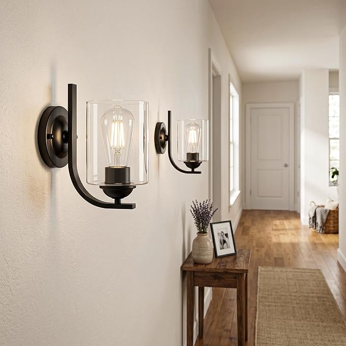 Wall Sconces Lights Lamp for Bedroom Bathroom, Modern Vanity Light Fixtures, Matte Black Farmhouse Wall Mount Lighting Lanterns with Clear Glass Shade for Living Room Mirror Hallway Kitchen