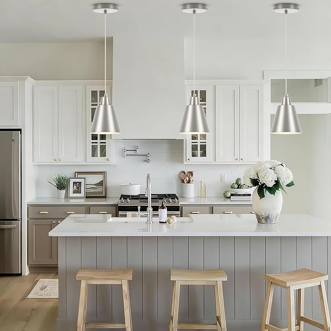 Industrial Pendant Lights, Brushed Nickel Pendant Light Fixtures, Vintage Kitchen Island Lights with Metal Shade, Farmhouse Pendant Lights for Dinning Table Bedroom Bar - Nickel, 3 Packs