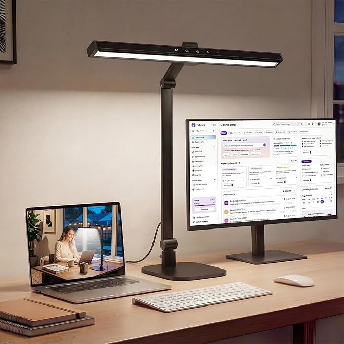 LIONVISON LED Desk Lamp for Home Office, Eye-Caring Desk Light with 2 in 1 Base/Clamp, Adjustable 5 Color 10 Brightness Computer Light with Memory & Timer Func, Metal Swing Arm Anti-Glare Table Lamp