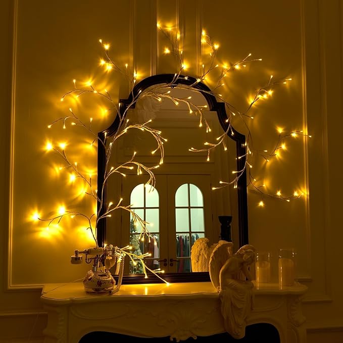 2Pcs Enchanted Willow Vine Lights, 18 Branches 144 LEDs Lighted Willow Vine for Wall Decor, Indoor Christmas Swags Decorations for Bedroom, Living Room & Home Decor, White Branch
