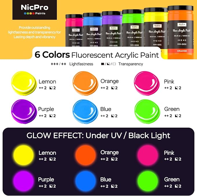 Nicpro 6 Colors Large Fluorescent Acrylic Paint Set (33.8 oz), Glow in the Black Light, Non-Toxic & Vibrant Neon Paint for Neon Party Decoration, DIY Project on Multi-Surface, Canvas, Rock, Wood Craft