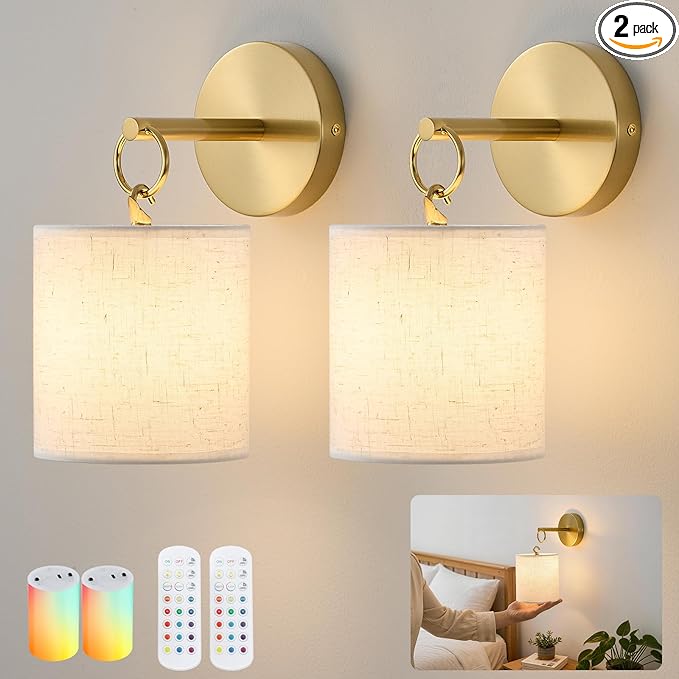 Detachable Wall Sconces Battery Operated With Hanging Hook,10000mah Battery Operated Wireless Wall Sconces Set of Two,12 RGB Gold Sconce With Remote,Renter Friendly Wall Lamps for Living Room,Bedroom