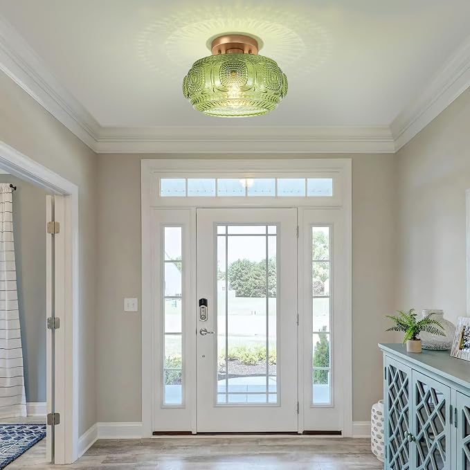 Semi Flush Mount Ceiling Light, Upgraded Larger Green Glass Ceiling Light Fixture, Vintage Lighting for Hallway Kitchen Bedroom Dining Room, Bulb Not Included