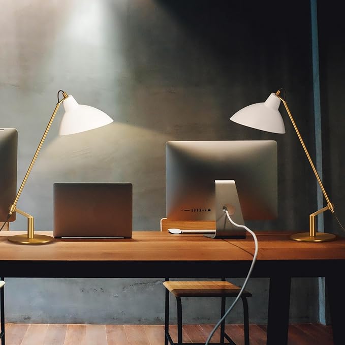 Desk Lamp Modern Industrial 100% Metal Adjustable Table Lamp 24", Natural Light (4000K) with Dimmer, Ideal for Office Bedroom Study Room Living Room Nightstand Bedside Lamps White+Brass
