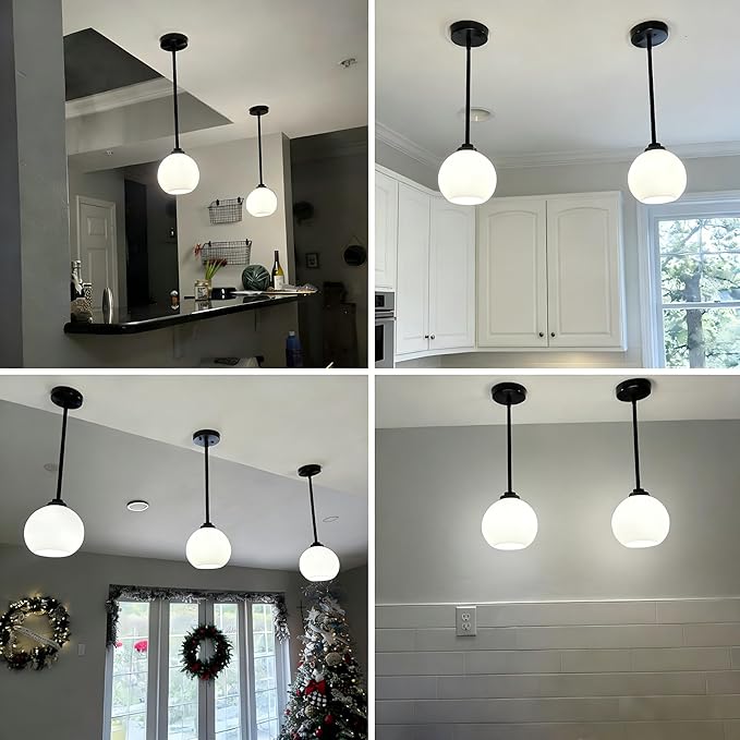 2 Pack 22"-50" Height Adjustable Glass Pendant Lights Kitchen Island, Globe Matte Black Pendant Lights with Milk Glass Shade, Mid Century Pendant Light Fixtures Kitchen Pendant Lighting over Island