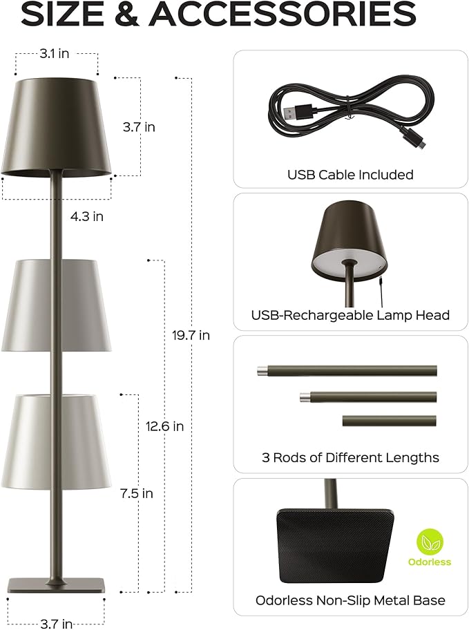 JACKYLED Cordless Lamp DIY Height, 3 Color Stepless Dimming, 5000mAh Battery Operated Lamp Portable Rechargeable for Bedroom Dinning Kitchen, Golden Bronze, 2 Pack