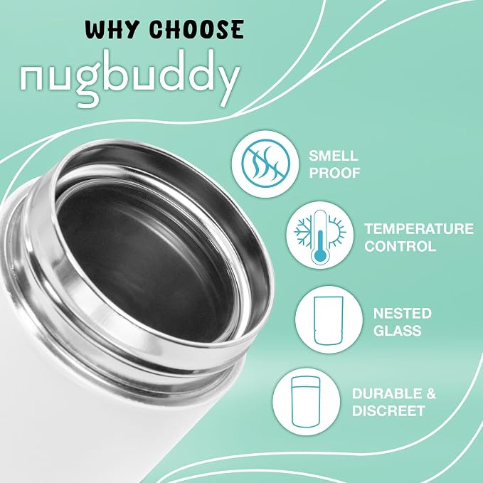 nugbuddy Mini Airtight Storage Container - Vacuum Sealed Insulated w Nested Glass Jar - UV Protection, Temperature Controlled Stainless - 100 ml (1/4 Oz)