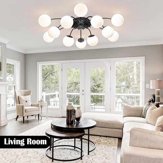 12-Light Milk Glass Pendant Light, 33" Sputnik Bubble Glass Chandelier Light Fixture, Hand Blown Semi Flush Mount Ceiling Chandeliers Lighting for Dining Room, Living Room (Black, 12-Light Ceiling)