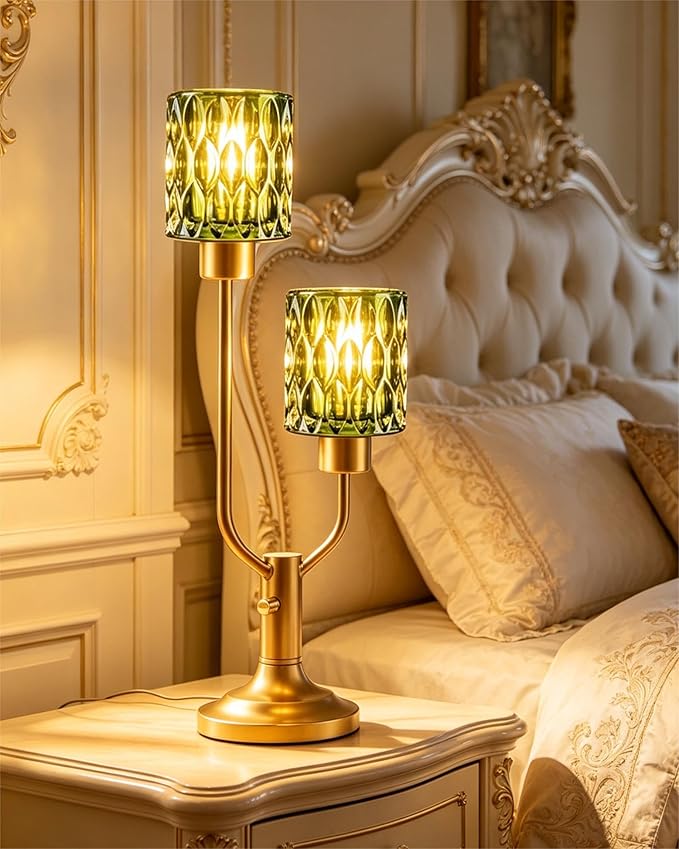 Lightdot Mid Century Modern Green Table Lamp for Bedroom Dimmable Nightstand Lamp Vintage Glass Gold Desk Lamp 2 Bulbs Included Warmwhite Ambient Bedside Lamps for Living Room Home Office Decor Gift