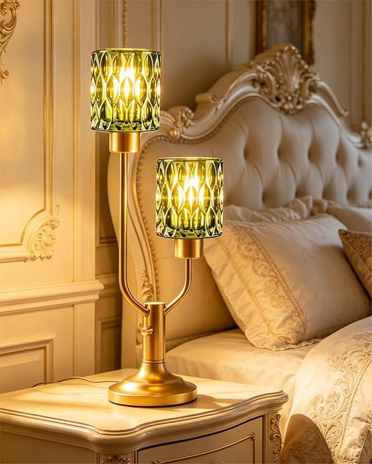 Lightdot Mid Century Modern Green Table Lamp for Bedroom Dimmable Nightstand Lamp Vintage Glass Gold Desk Lamp 2 Bulbs Included Warmwhite Ambient Bedside Lamps for Living Room Home Office Decor Gift