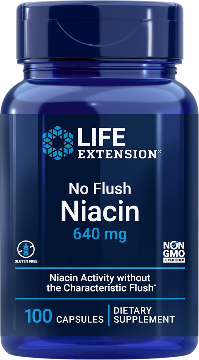 Life Extension Niacine sans flush, vitamine B3 pour la santé cardiaque, le cholestérol et le soutien énergétique, sans OGM, sans gluten, 100 gélules