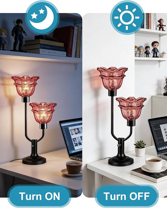 Lightdot Mid Century Modern Flower Table Lamp Dimmable Nightstand Lamp Red Glass Vintage Black Desk Lamp 2 Bulbs Included Warmwhite Ambient Bedside Lamps for Living Room Bedroom Home Office Decor Gift