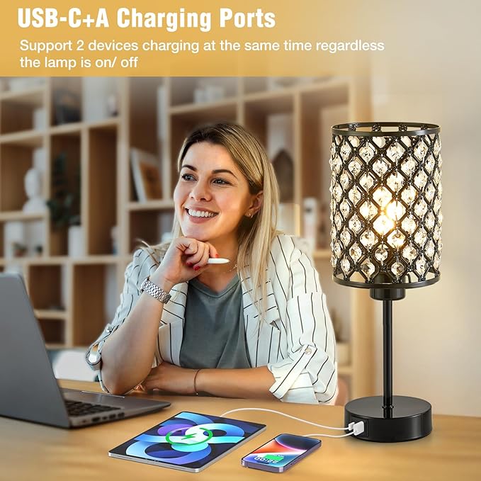 GyroVu Crystal Table Lamp, Black Lamp for Bedroom Nightstand with USB C+A Ports, Dimmable Touch Lamp with Crystal Shade, Bedside Lamp Small Lamp for Bedroom, Living Room, Office (Bulb Included)