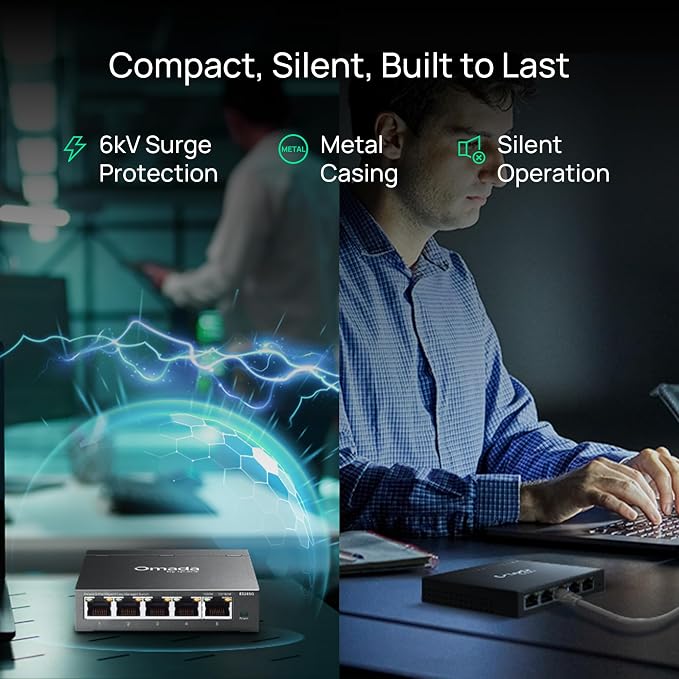 TP-Link Omada 5 Port Gigabit Easy Managed, Switch, VLAN, Auto Loop Prevention, IGMP Snooping, Fanless, Managed by Omada, Durable Metal w/Shielded Ports(ES205G)