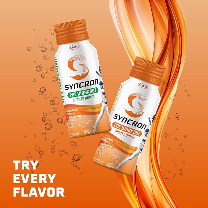 Syncron Pre Workout Sports Drink Backed by Shohei Ohtani, Aluminum Bottle, No Sugar & Caffeine Free Pre Workout Drink with L-Arginine, L-Citrulline & BCAAs for Training, Grapefruit, 6 Pack, 2 oz