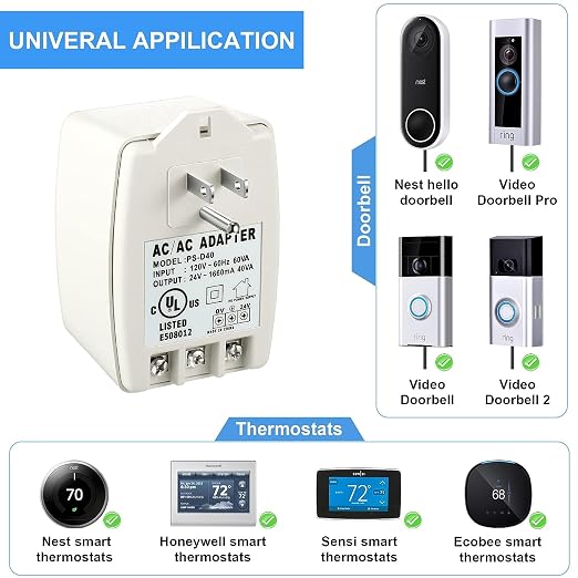 Hotop 4 Pack 24 Volt Transformer 40 VA AC Transformer Plug in with PTC Fuse Compatible with Ring Doorbell and Thermostat Compatible with Nest, Ecobee, Sensi/Honeywell/24V Adapter(Without Screw Holes)