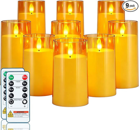 Homemory Amber Flickering Flameless Candles, Battery Operated Acrylic LED Pillar Candles with Remote Control and Timer, Fall Candles, Set of 9