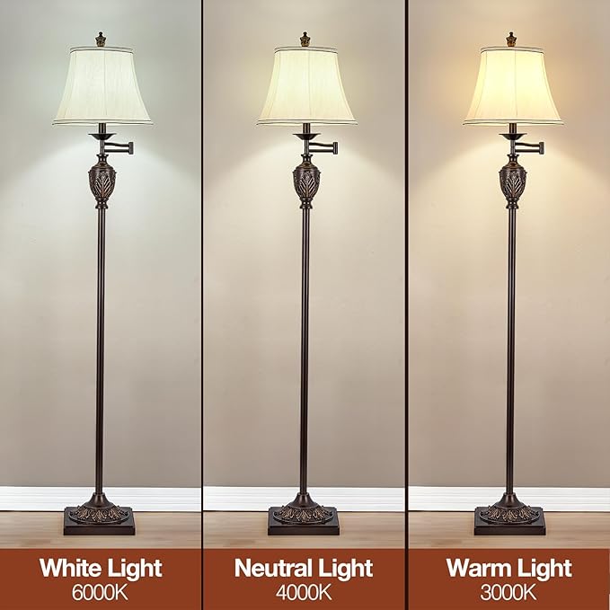 Traditional LED Floor Lamp with 350° Adjustable Swing Arm Lamp – Vintage Standing Pole lamp for Living Room, Bedroom and Office – Rustic Upright Floor Light for Home Décor with Faux Silk Fabric Shade