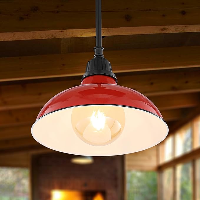 JONATHAN Y 12.25" Red/Black 1-Light Farmhouse Indoor/Outdoor LED Pendant Iron Hanging Light, and Black Metal Shade, Rustic Ceiling Lamp for Kitchen Island, LED Bulb Included (JYL7611E)