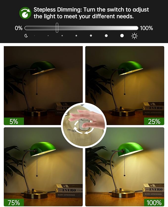 Green Glass Bankers Desk Lamp with Wireless Charger, USB Charging Port for Home Office,Stepless Dimmable Table Lamp Plug in Fixture,LED Bulb Included