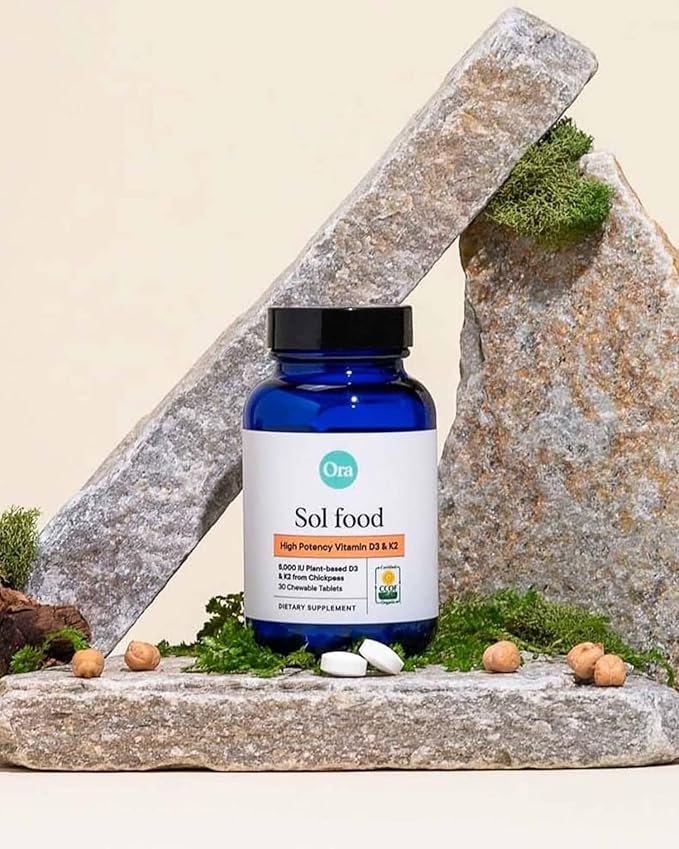 Ora Organic Vitamine D3 5000 UI + K2 - Vitamine D végétalienne issue du lichen et K2 issue des pois chiches pour la santé des os, le soutien immunitaire et l'humeur, absorption maximale - Fourniture d'un mois, 30 comprimés à croquer