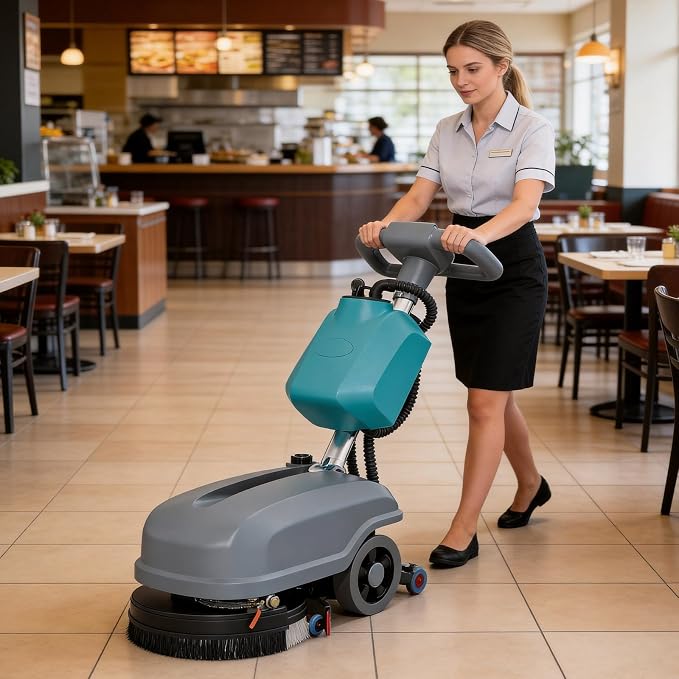 Walk Behind Commercial Floor Scrubber Machine, Battery Powered Cordless Compact Scrubber 15" Cleaning and 23" Suction Width, 6 Gal Sewage and 5 Gal Water Tank, 24000 Sq Ft/h