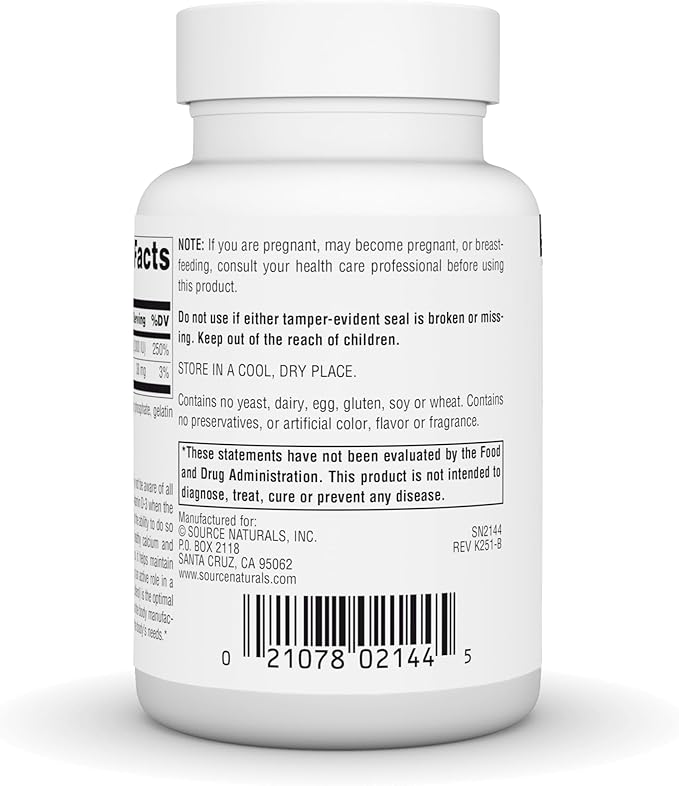 Source Naturals Vitamine D-3, Forme Bioactive pour la Santé Osseuse et Immunitaire* - 50 mcg (2000 UI) - 100 Gélules