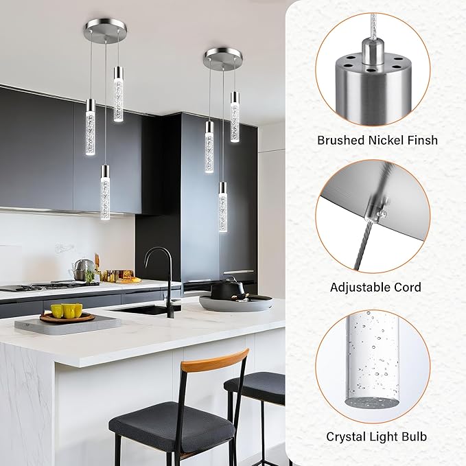Pendant Lights Kitchen Island, 6500K Modern Kitchen Island Lights Brushed Nickel, Ceiling Lighting Fixtures with Crystal Bubble, Integrated LED Hanging Light for Dining Room 1 Pack(3-Light)