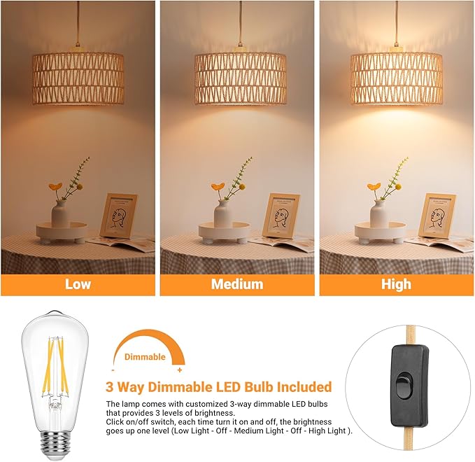 Qingmiao Boho Plug in Pendant Light, Rattan Hanging Lamp Plug in with Woven Shade, 3-Way Dimmable Hanging Light Fixture for Living Room Bedroom Kitchen Ceiling Home Decor