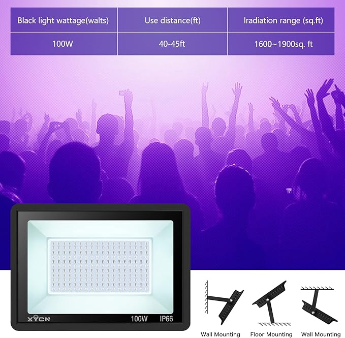 XYCN 3 Pack 100W LED Black Light, Blacklight Flood Light with Plug and Switch, IP66 Waterproof Neon Glow for Party, Halloween, Fluorescent Poster, Body Paint, Aquarium