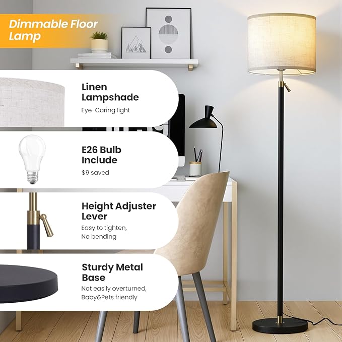 Remote Floor Lamp for Living Room and Bedroom - Modern RGB Standing Lamps Tall with Led Blub and Dimmable Light - 55"-67" Height Adjustable Standing Lamps with Shade for Corner Lighting（Black & Gold）