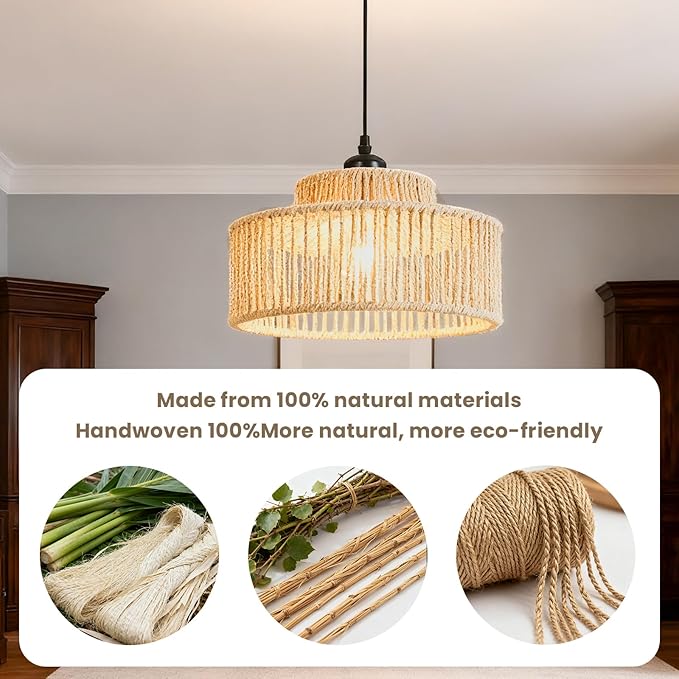 Rattan Pendant Light,11 Inch Boho Kitchen Island light Fixtures,Handmade Woven Hanging Lamp,Wicker Small Chandelier,Coastal Hanging Lights for Bedroom Kitchen Living Room Hallway Restaurant Foyer
