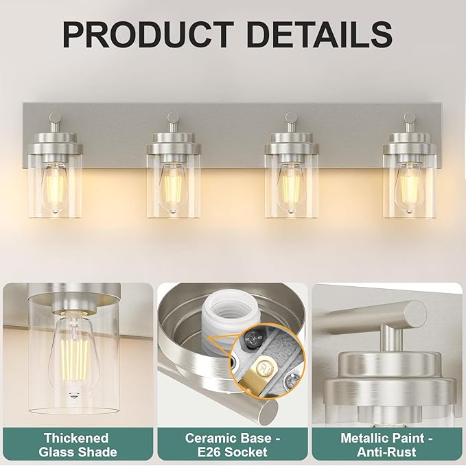 IZORRO Bathroom Vanity Light Fixture, 4-Light 30 Inch Brushed Nickel Bathroom Light Fixtures Over Mirror, with Clear Glass Shade, Modern Farmhouse Vanity Lights, Rustic Restroom Lighting Fixtures