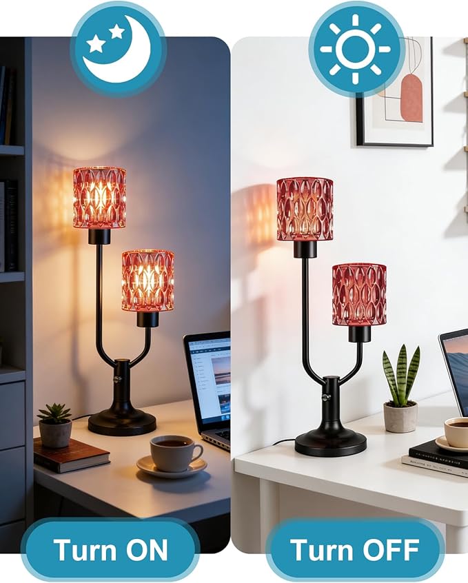 Lightdot Mid Century Modern Table Lamp Dimmable Nightstand Lamp Red Glass Vintage Black Desk Lamp 2 Bulbs Included Warmwhite Ambient Bedside Lamps for Living Room Bedroom Girls Room Home Office Decor